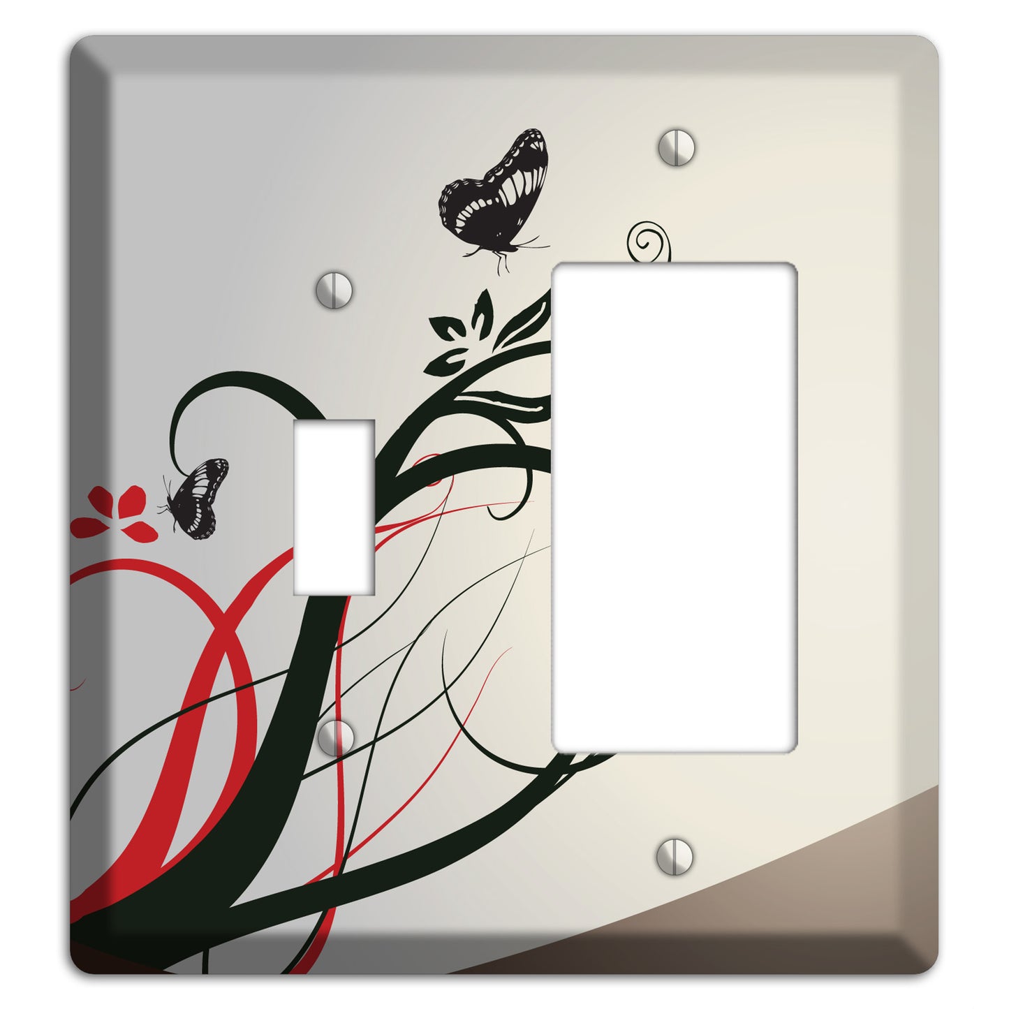Grey and Red Floral Sprig with Butterfly Toggle / Rocker Wallplate