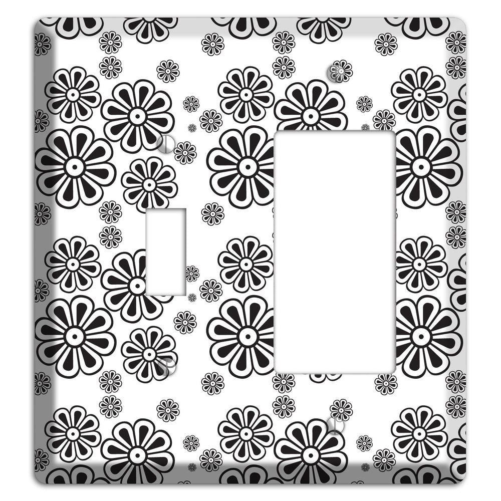 White With Black Small Retro Floral Contour Toggle / Rocker Wallplate