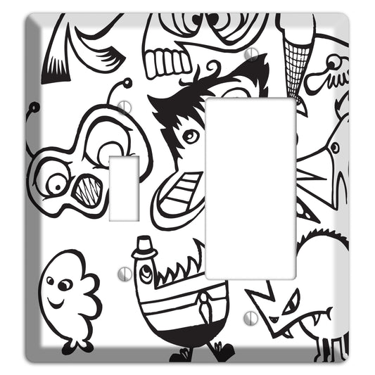 Black and White Whimsical Faces 3 Toggle / Rocker Wallplate
