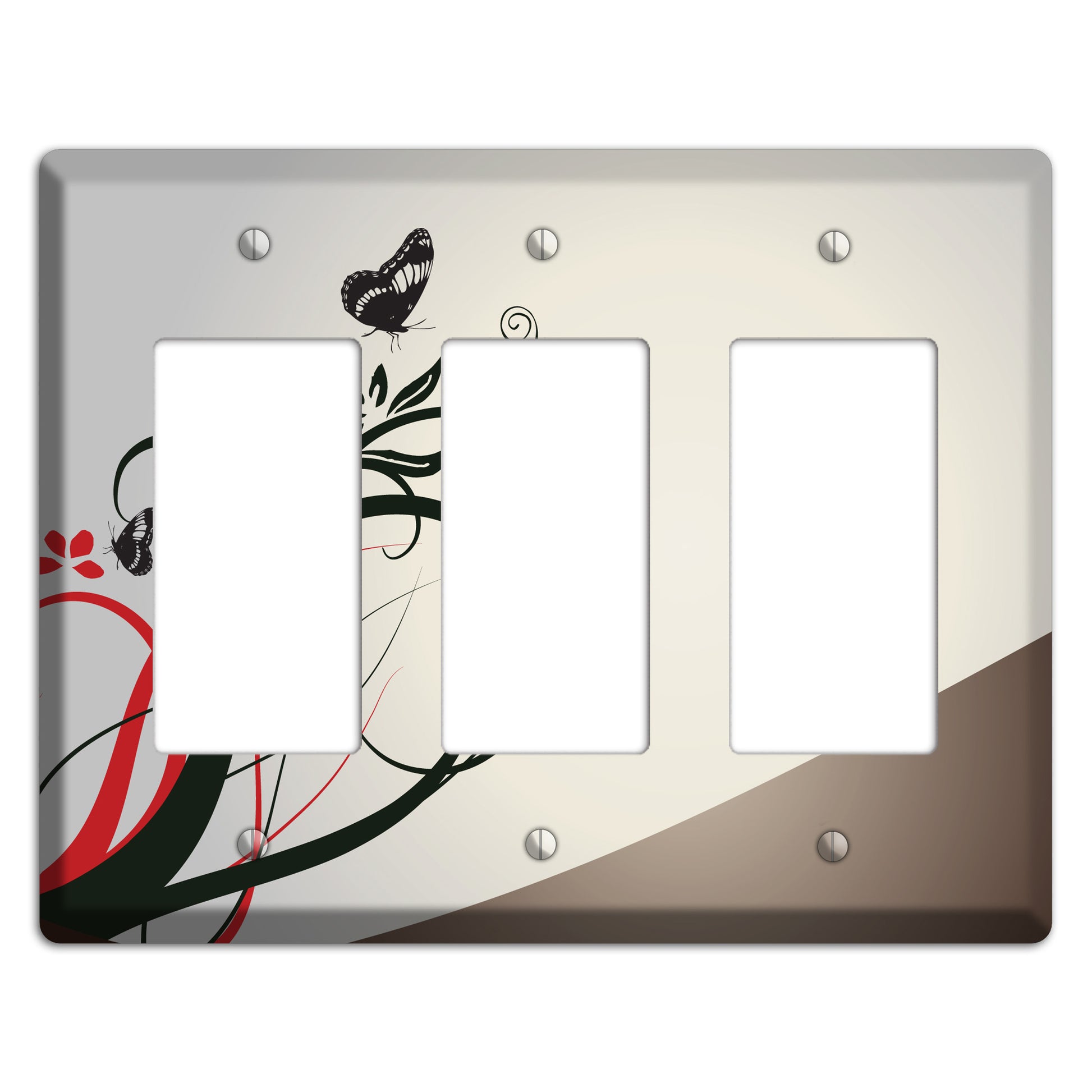 Grey and Red Floral Sprig with Butterfly 3 Rocker Wallplate