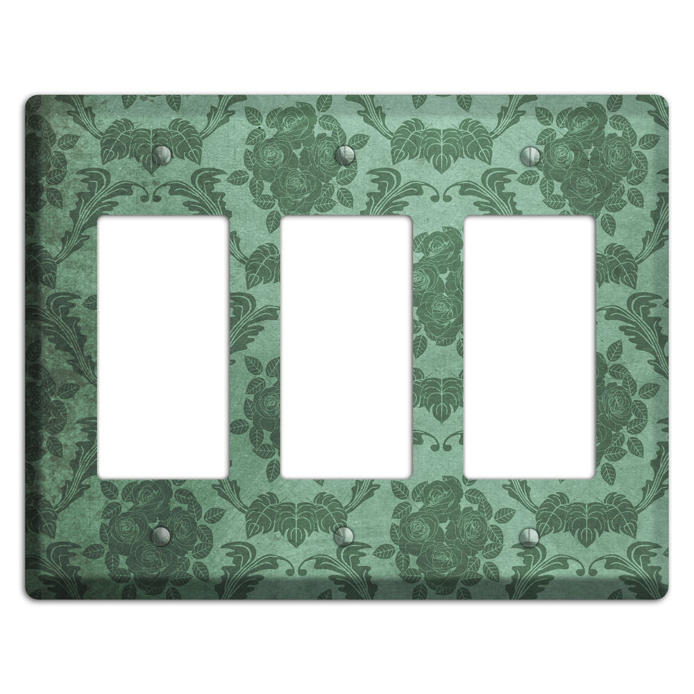Viridian Green Vintage Rose Damask 3 Rocker Wallplate