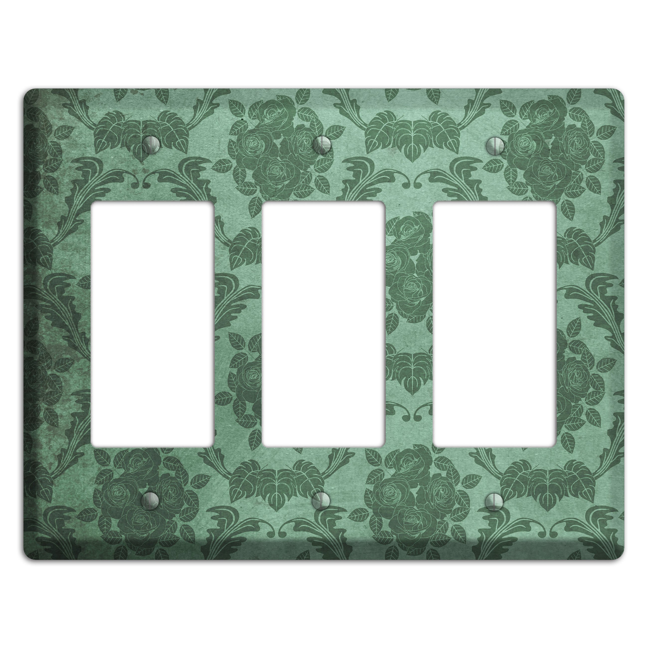 Viridian Green Vintage Rose Damask 3 Rocker Wallplate