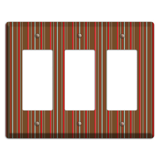 Brown Red and Dusty Blue Vertical Stripes 3 Rocker Wallplate