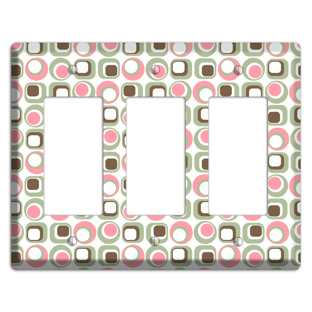 White with Pink Sage Brown Retro Squares and Circles 3 Rocker Wallplate