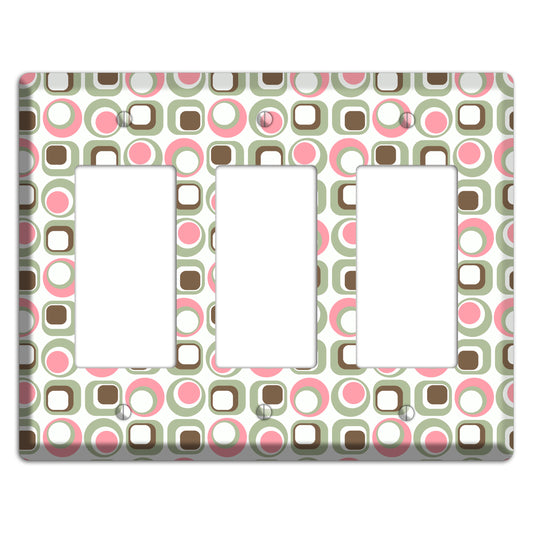 White with Pink Sage Brown Retro Squares and Circles 3 Rocker Wallplate