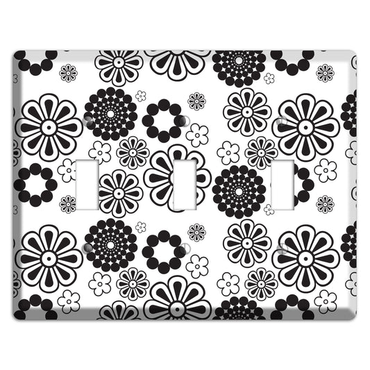 White With Black Retro Floral Contour 3 Toggle Wallplate