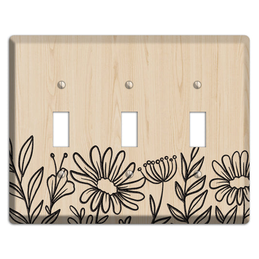 Hand-Drawn Floral 10 Wood Lasered 3 Toggle Wallplate