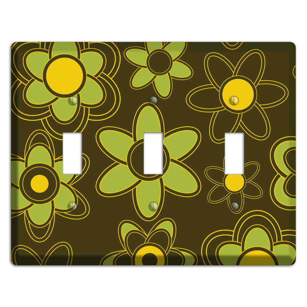 Brown with Lime Retro Floral Contour 3 Toggle Wallplate