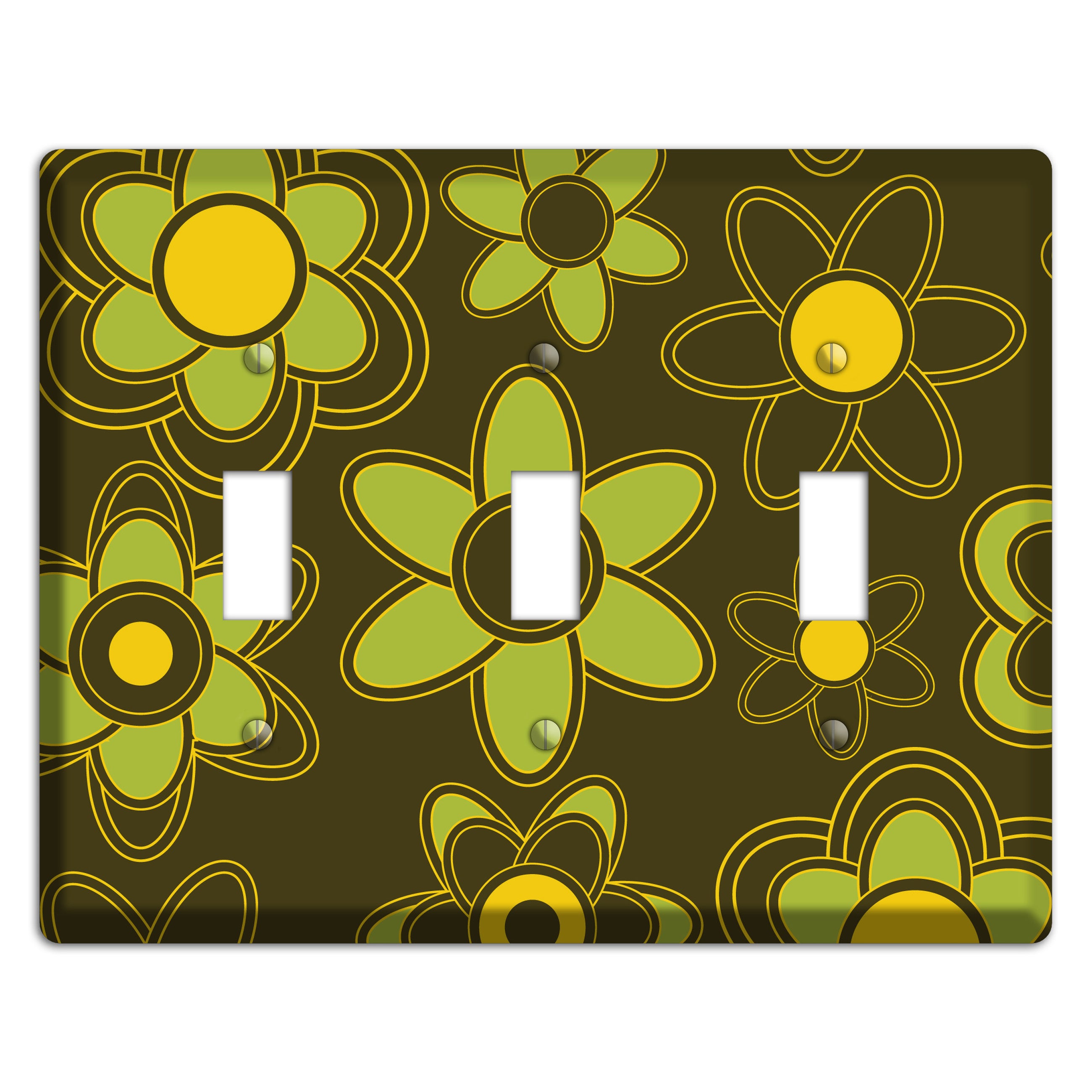 Brown with Lime Retro Floral Contour 3 Toggle Wallplate