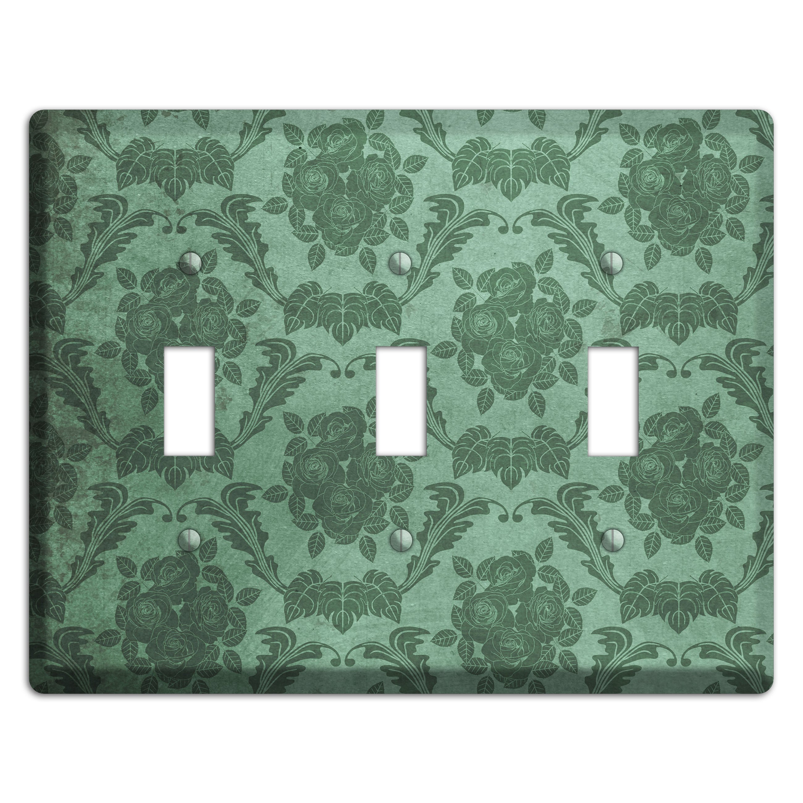 Viridian Green Vintage Rose Damask 3 Toggle Wallplate