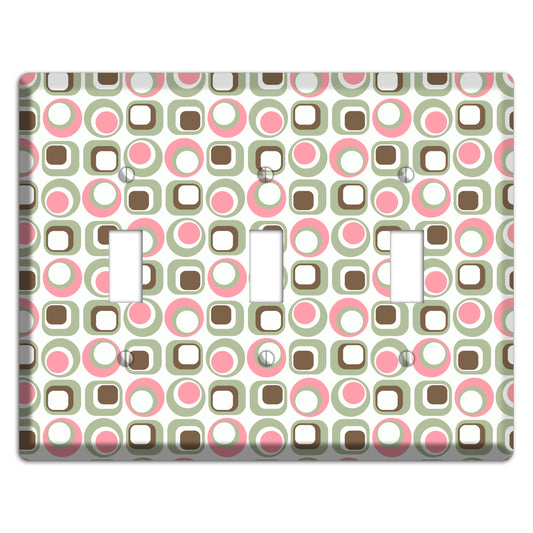 White with Pink Sage Brown Retro Squares and Circles 3 Toggle Wallplate