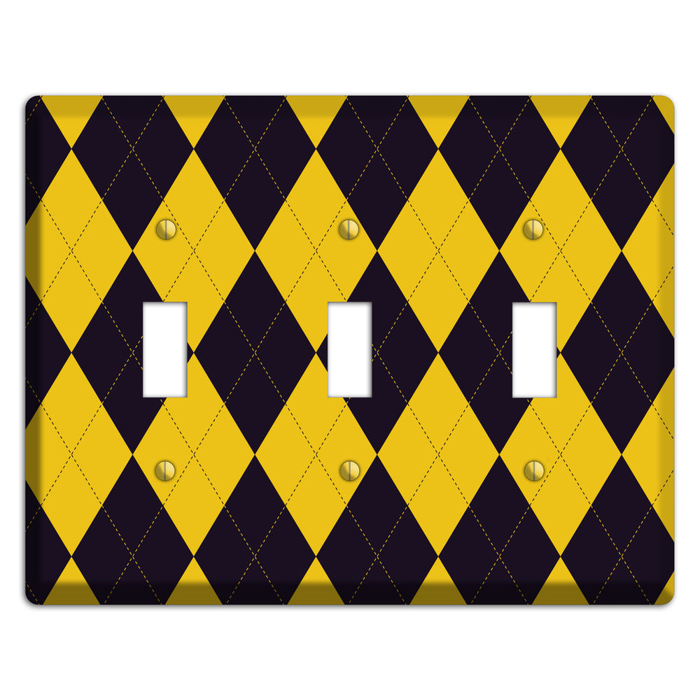 Yellow and Dark Purple Argyle 3 Toggle Wallplate