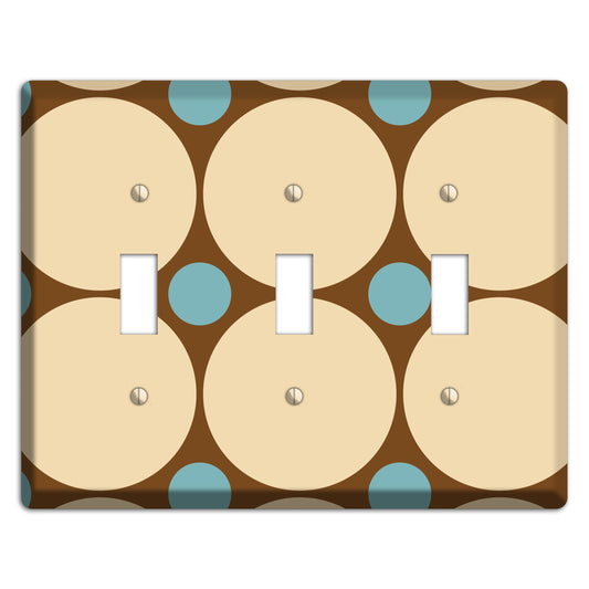 Brown with Beige and Dusty Blue Multi Tiled Large Dots 3 Toggle Wallplate