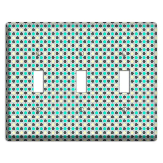 Grey with Black Off White and Turquoise Dots 3 Toggle Wallplate