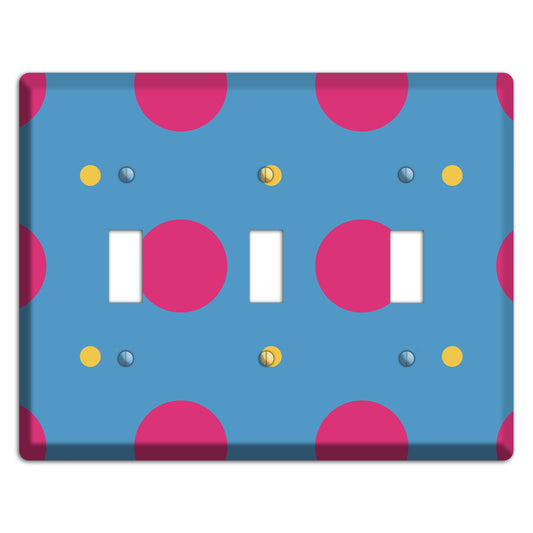Blue with Pink and Yellow Multi Tiled Medium Dots 3 Toggle Wallplate