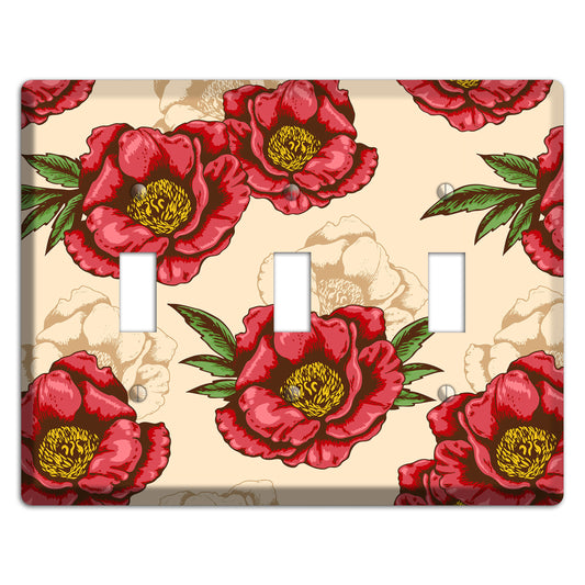 Red Peony Style A 3 Toggle Wallplate