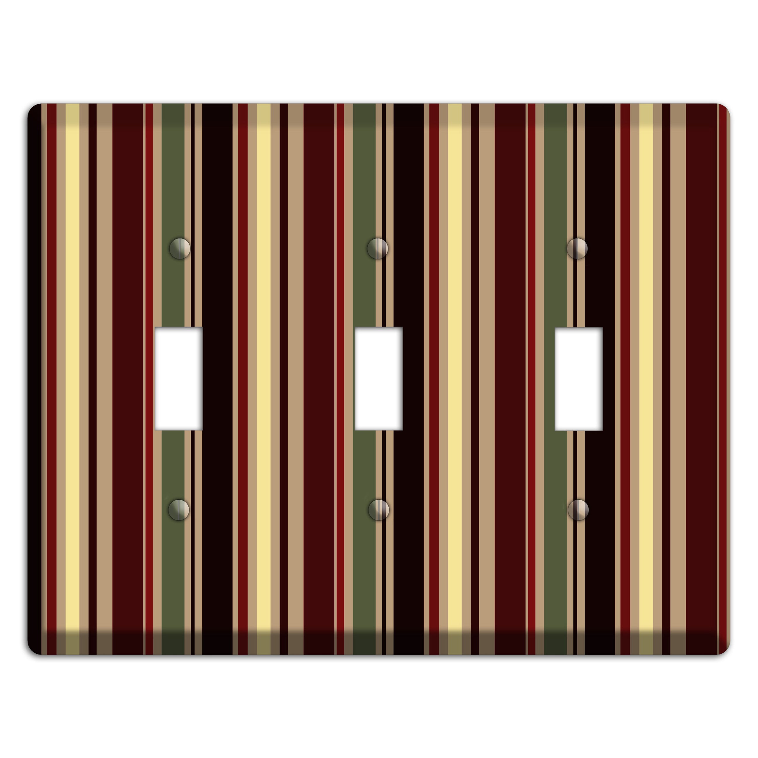 Multi olive and Burgundy Vertical Stripes 3 Toggle Wallplate