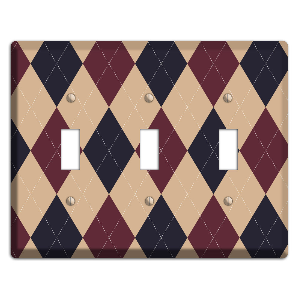 Brown and Tan Argyle 3 Toggle Wallplate