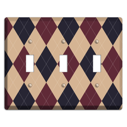 Brown and Tan Argyle 3 Toggle Wallplate