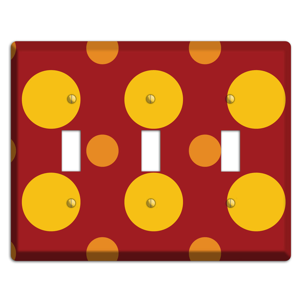 Red with Multi Orange Multi Medium Polka Dots 3 Toggle Wallplate