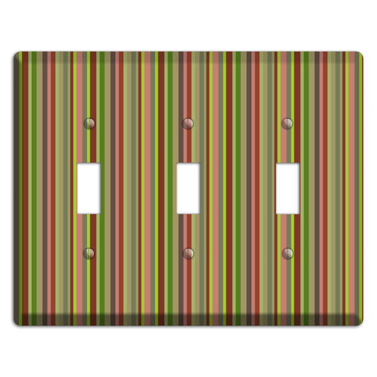 Multi Olive Burgundy Vertical Stripes 3 Toggle Wallplate