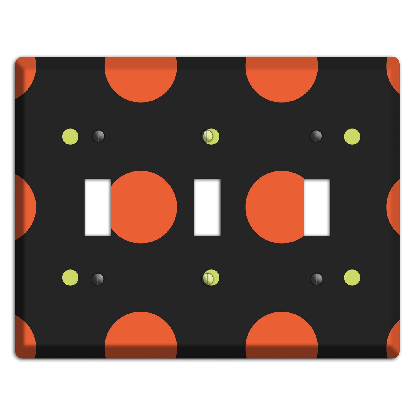Black wih Orange and Lime Multi Tiled Medium Dots 3 Toggle Wallplate