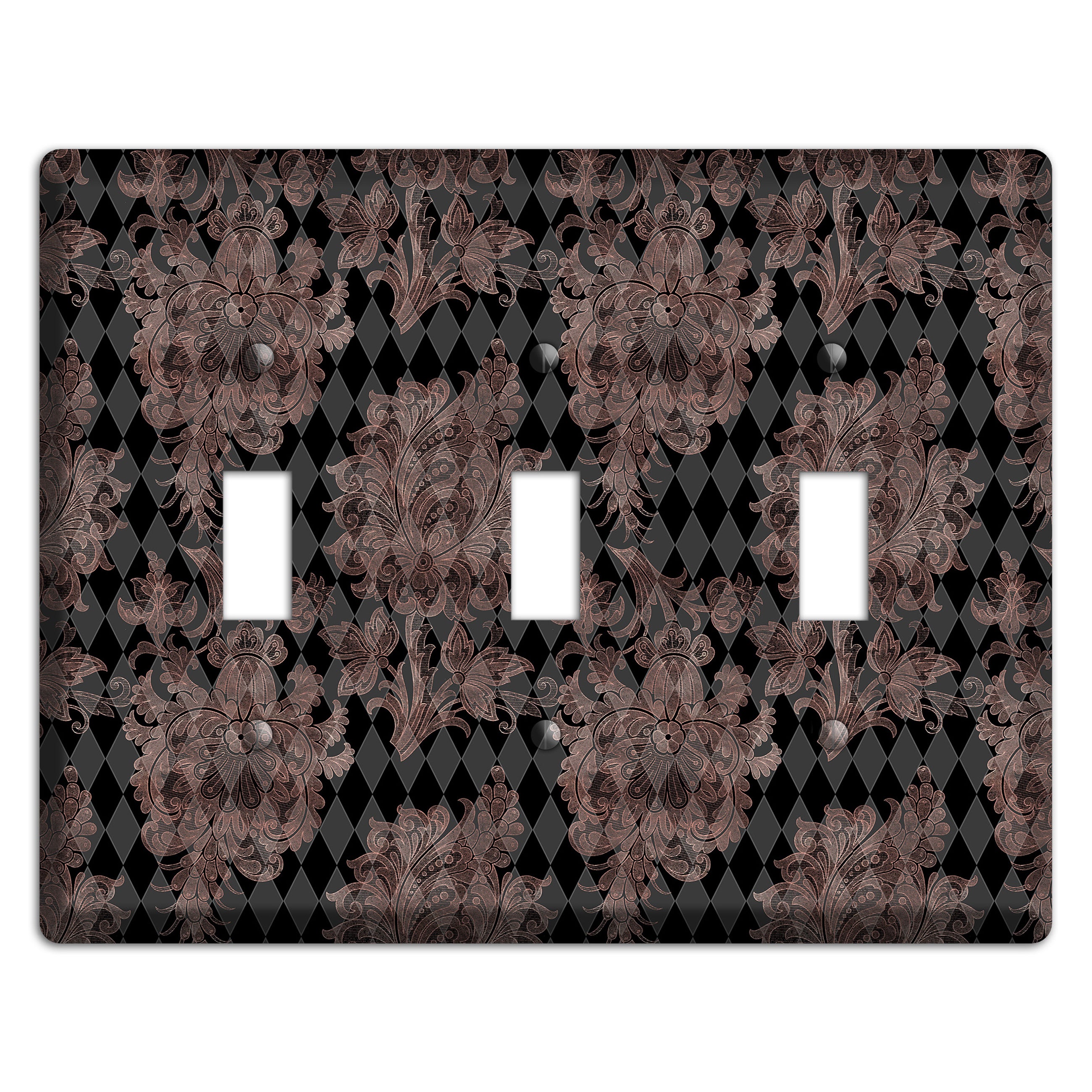 Black and Rose Ornate Diamond 3 Toggle Wallplate