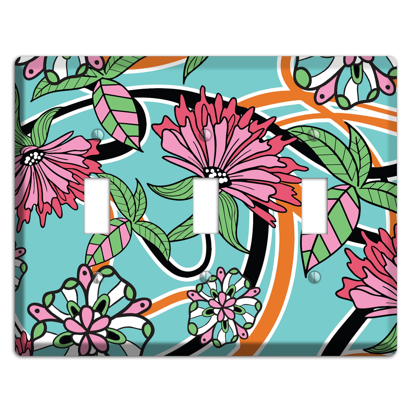 Turquoise with Pink Flowers 3 Toggle Wallplate