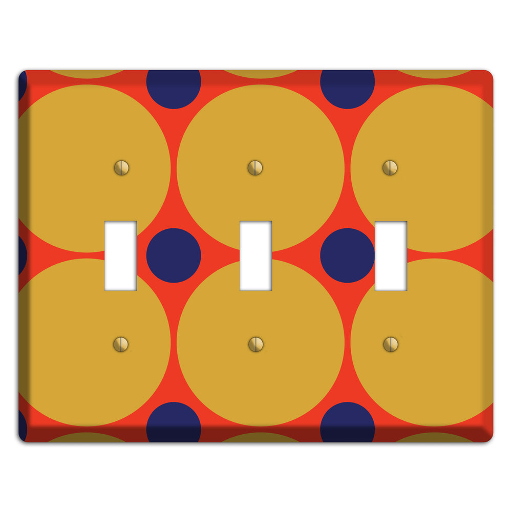 Red with Mustard and Blue Multi Tiled Large Dots 3 Toggle Wallplate
