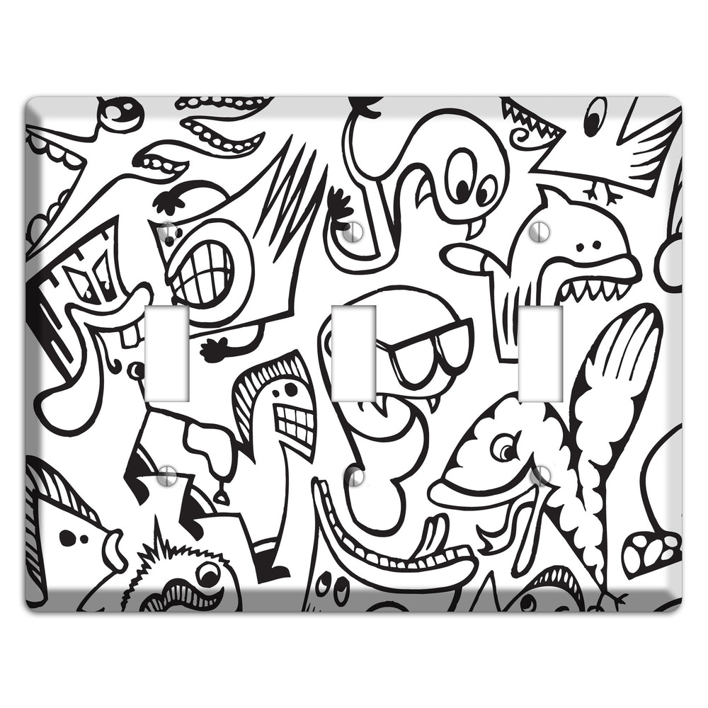Black and White Whimsical Faces 1 3 Toggle Wallplate