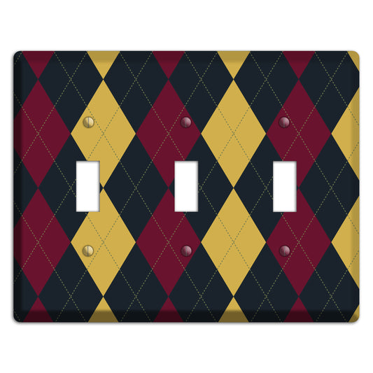 Deep Red and Yellow Argyle 3 Toggle Wallplate