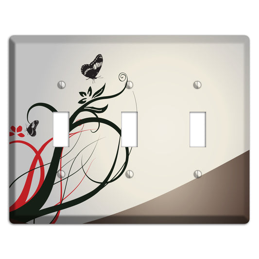 Grey and Red Floral Sprig with Butterfly 3 Toggle Wallplate