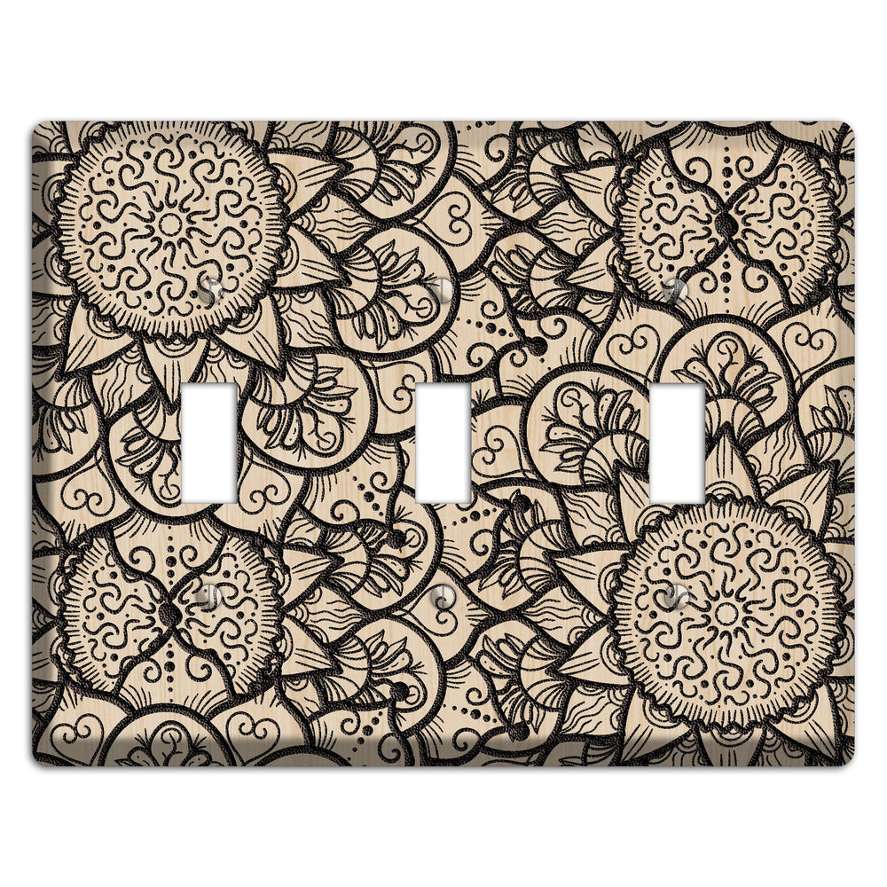 Mandala Black and White Style W Wood Lasered 3 Toggle Wallplate