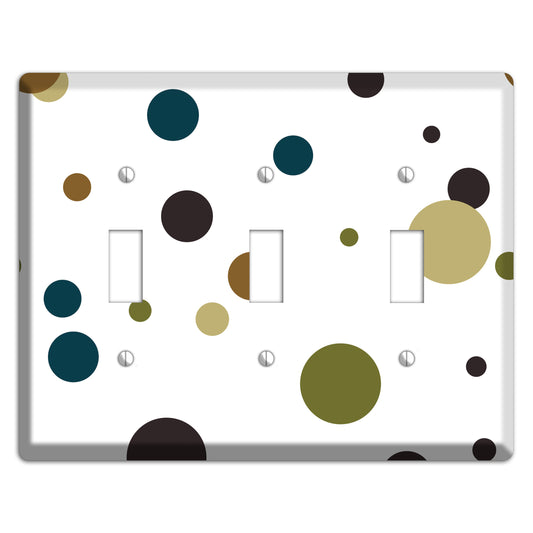 White With Multi Blue and Brown Medium Dots 3 Toggle Wallplate