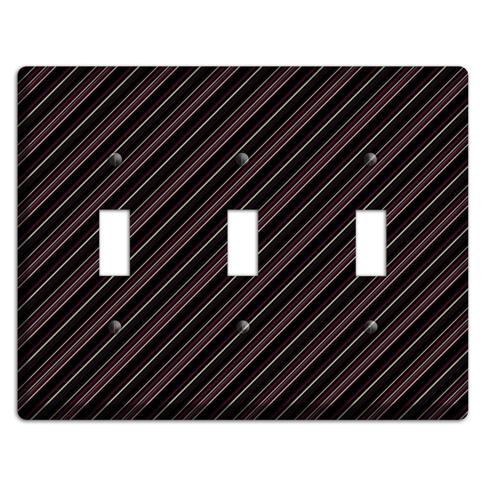 Black with White and Burgundy Angled Pinstripe 3 Toggle Wallplate