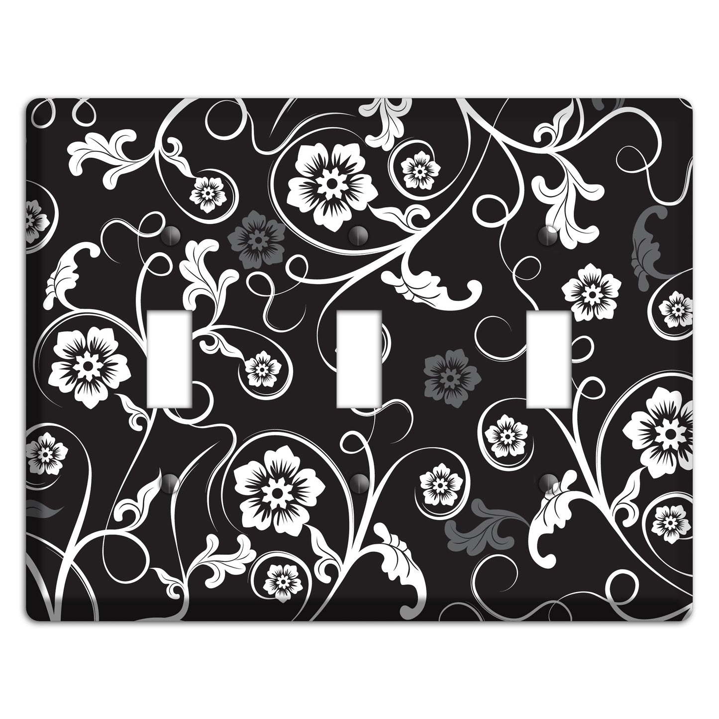 Black with White Flower Sprig 3 Toggle Wallplate