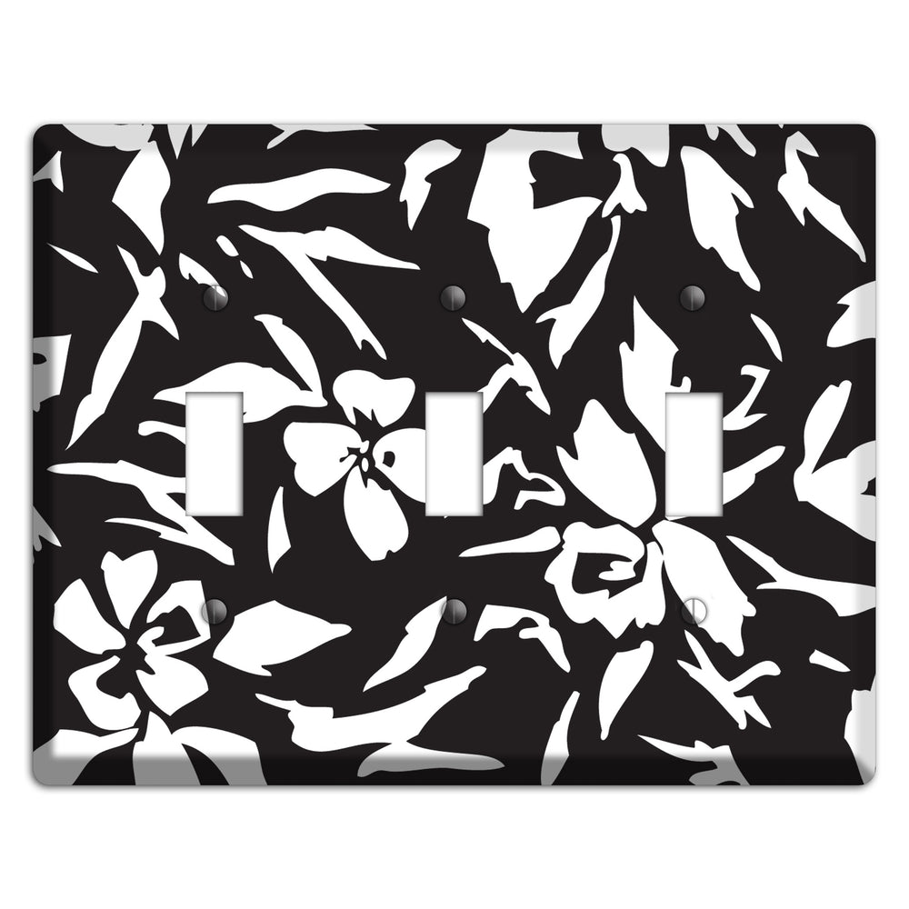 Black with White Woodcut Floral 3 Toggle Wallplate