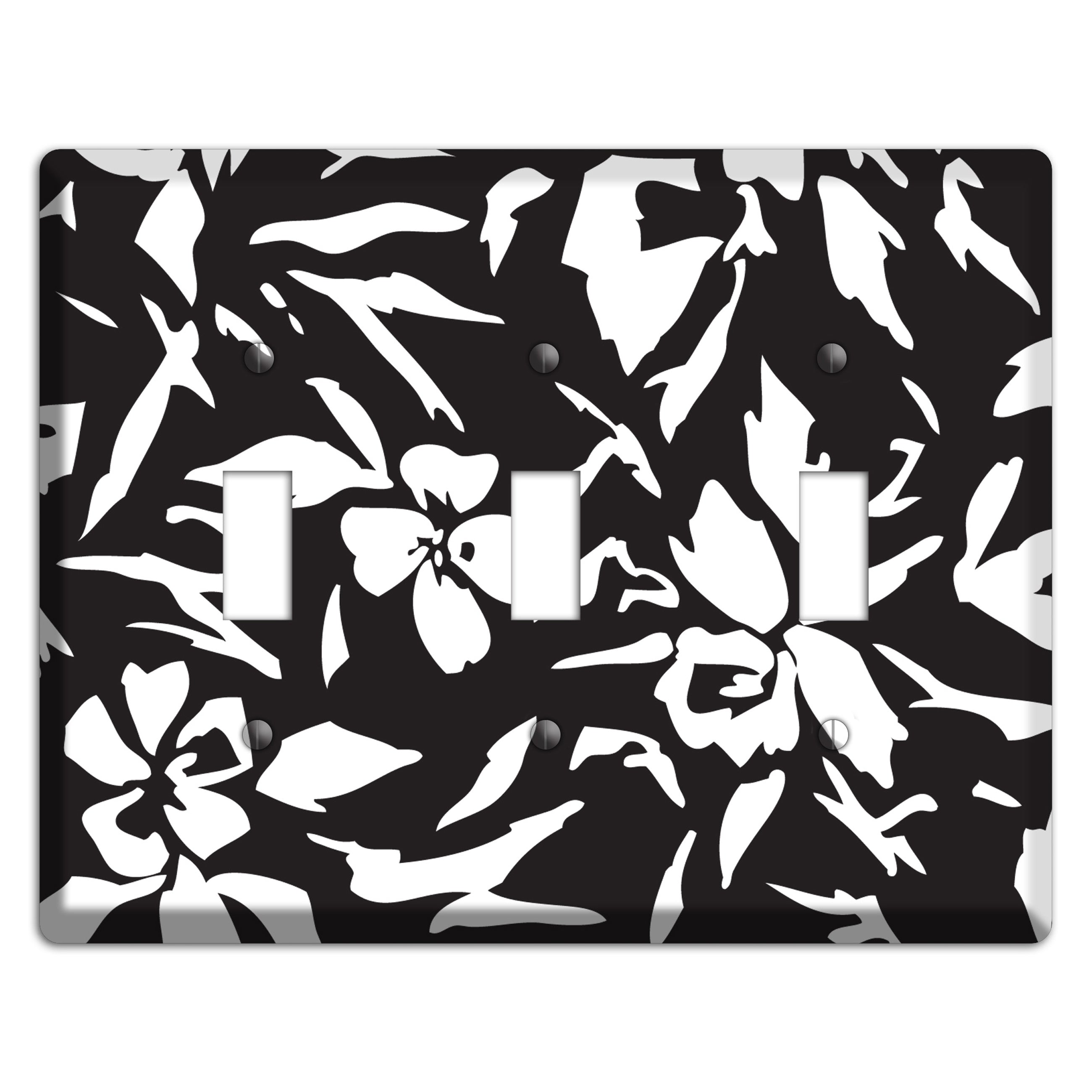 Black with White Woodcut Floral 3 Toggle Wallplate